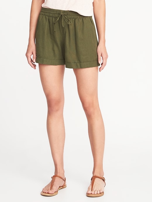 View large product image 1 of 1. Mid-Rise Pull-On Linen-Blend Shorts For Women - 4 inch inseam