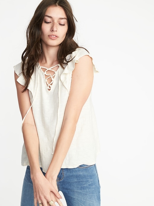 View large product image 1 of 1. Relaxed Lace-Up-Yoke Babydoll Top for Women