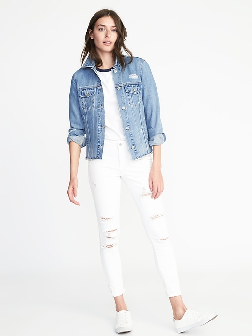Image number 3 showing, Distressed Raw-Edged Denim Jacket for Women