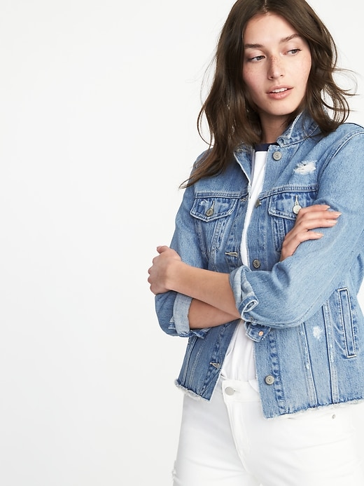 Image number 4 showing, Distressed Raw-Edged Denim Jacket for Women