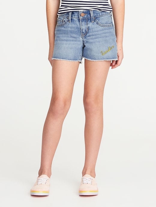 View large product image 1 of 3. Embroidered "Sunshine" Graphic Jean Cut-Off Shorts for Girls