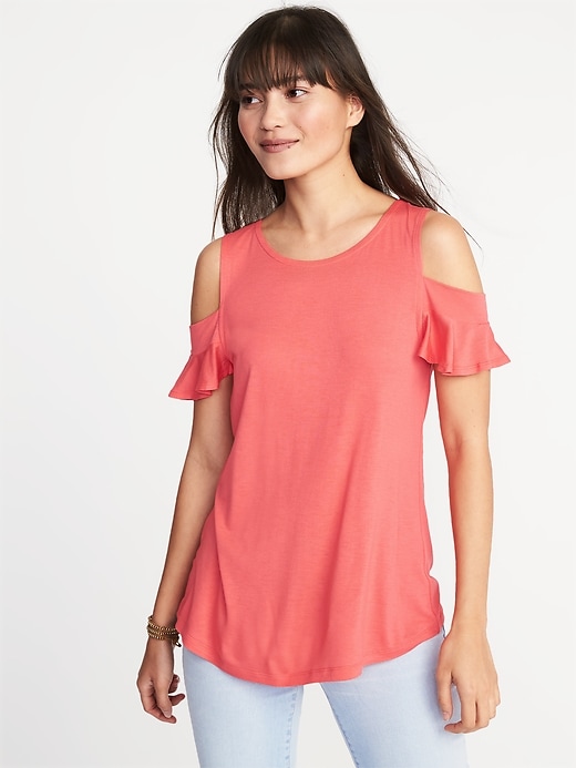 View large product image 1 of 1. High-Neck Cold-Shoulder Swing Top for Women