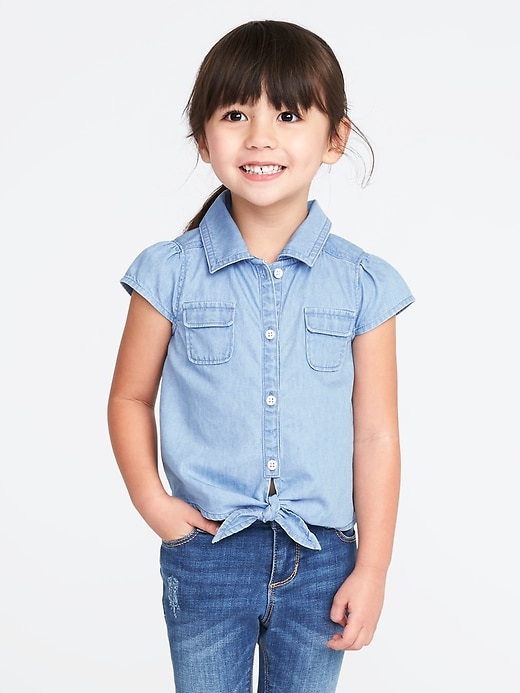 View large product image 1 of 4. Tie-Hem Chambray Shirt for Toddler Girls