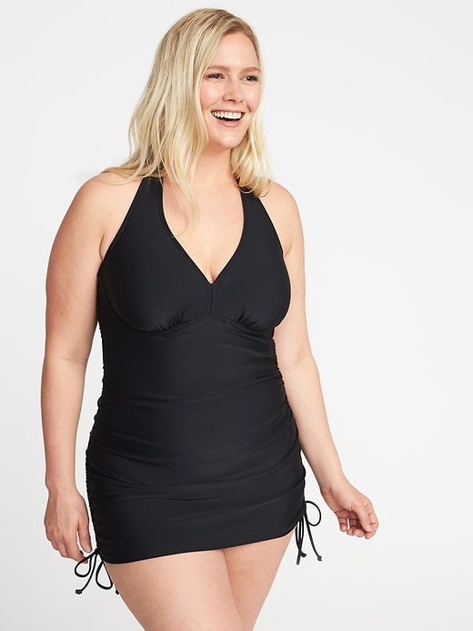View large product image 1 of 1. Secret-Slim Plus-Size Halter Swim Dress