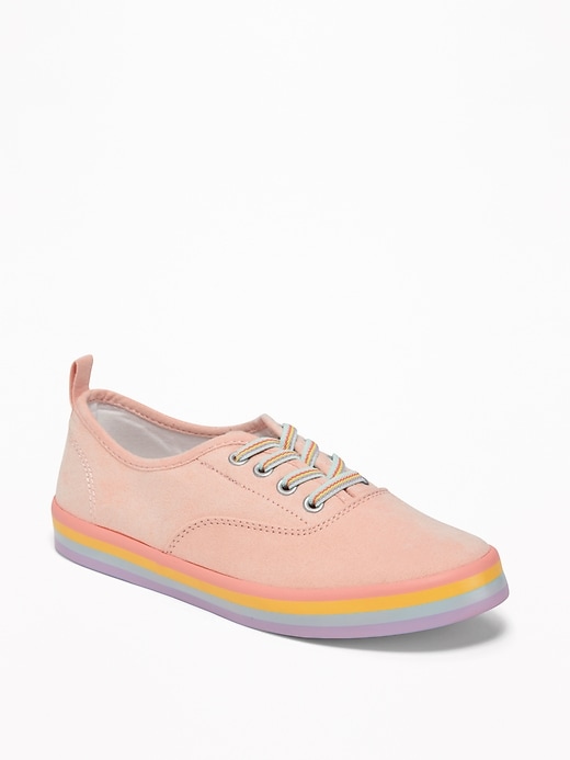 View large product image 1 of 3. Pink-Sueded Elastic-Lace Rainbow Sneakers for Girls