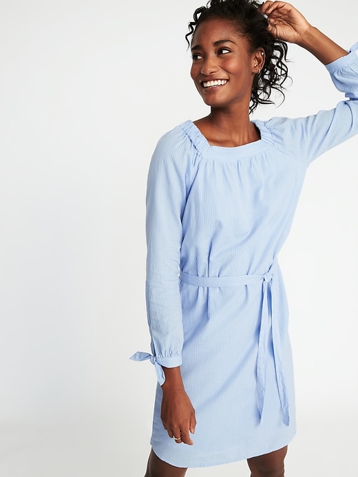 white christmas dresses Blue Striped Button Down Dress With Belt