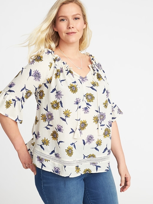 Relaxed Plus-Size Tie-Neck Peasant Blouse | Old Navy