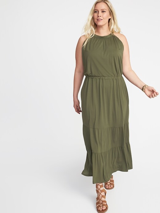 View large product image 1 of 1. Waist-Defined Halter Plus-Size Tiered Maxi