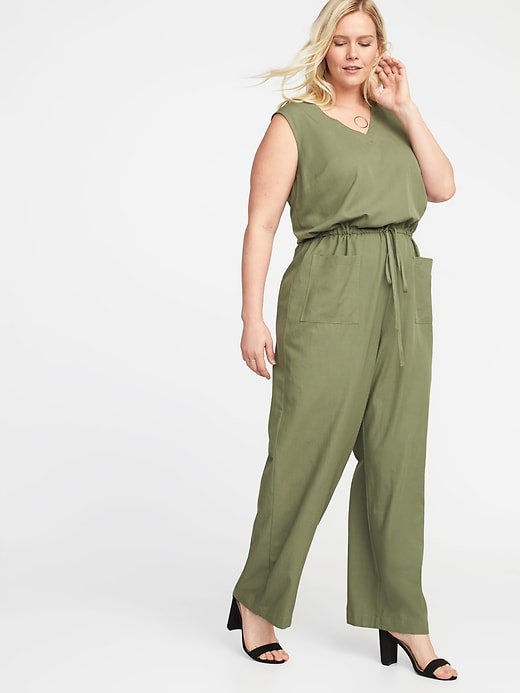 View large product image 1 of 1. Waist-Defined Plus-Size Sleeveless Utility Jumpsuit
