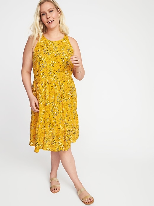 View large product image 1 of 1. Floral-Print Plus-Size Tiered Swing Dress