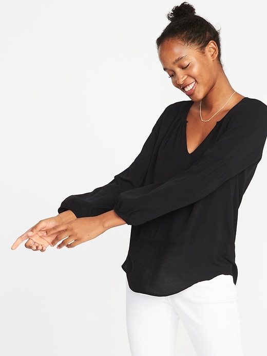 Image number 4 showing, Relaxed Split-Neck Shirred Blouse for Women