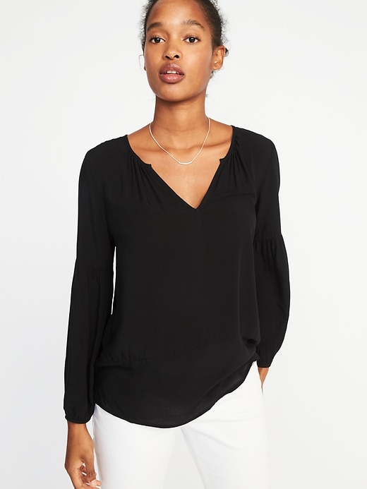 Image number 1 showing, Relaxed Split-Neck Shirred Blouse for Women