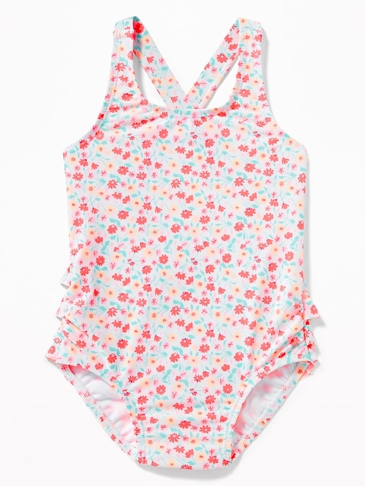 View large product image 1 of 2. Floral-Print Ruffle-Back Swimsuit for Toddler Girls