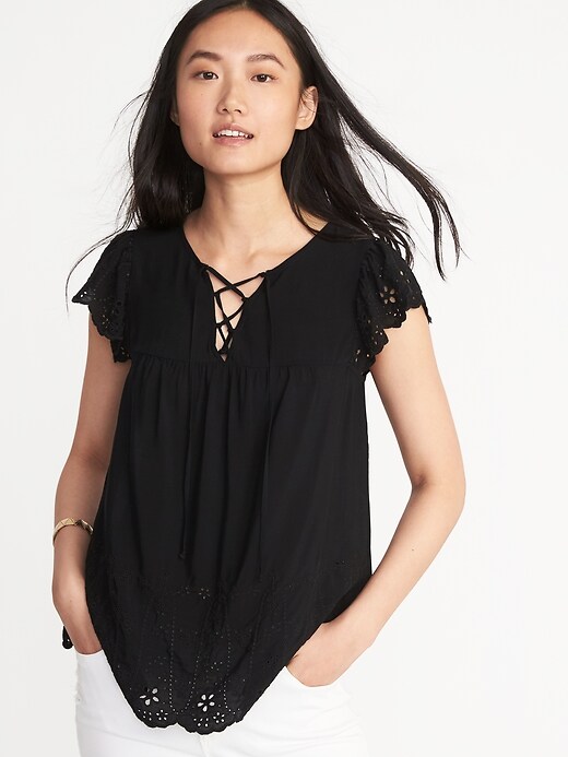 View large product image 1 of 1. Relaxed Lace-Yoke Cutwork Blouse for Women