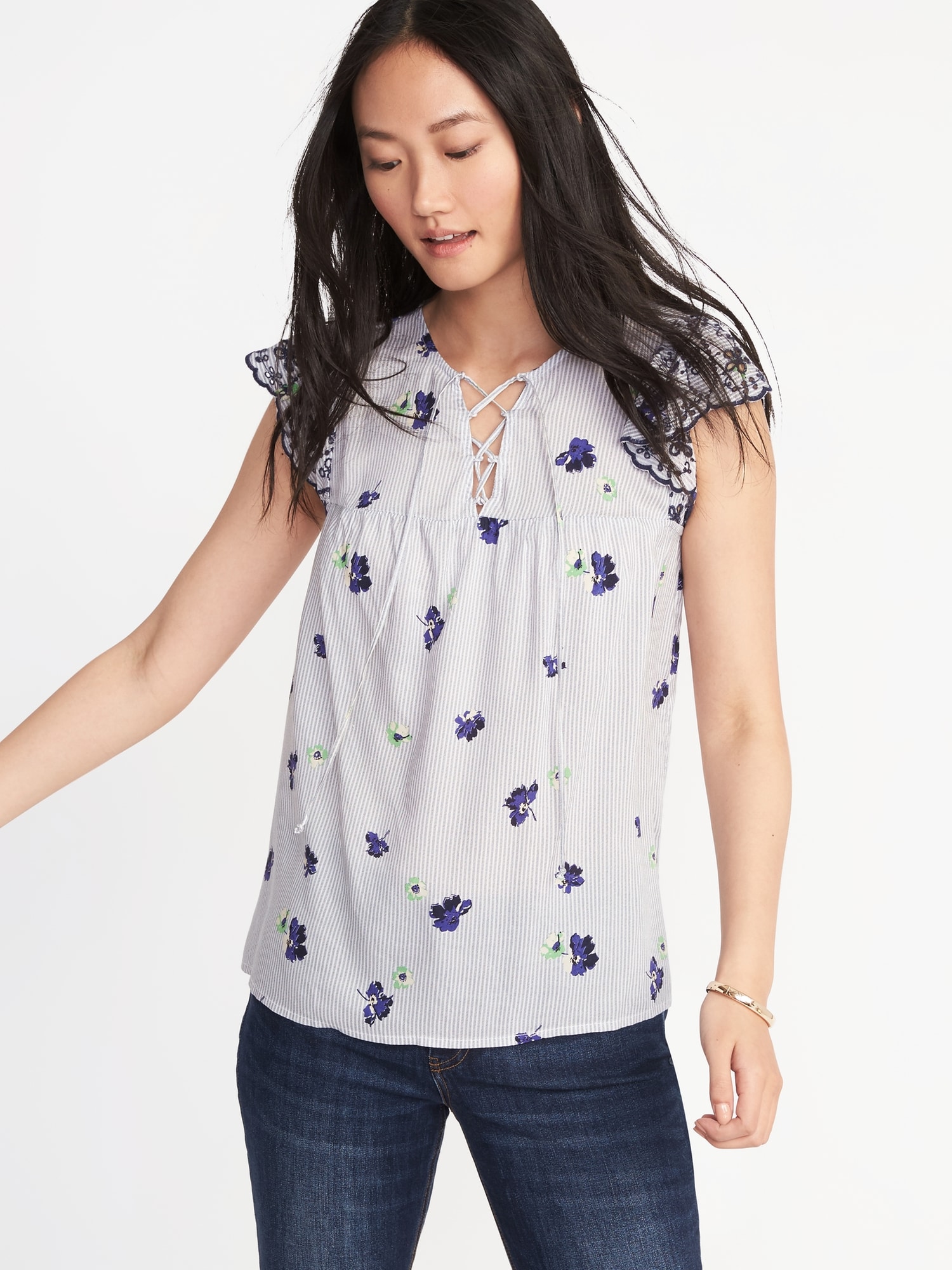 Relaxed Lace-Yoke Cutwork Blouse for Women | Old Navy