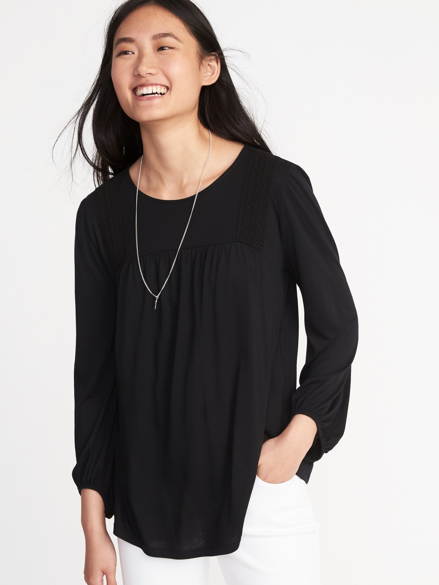 Lace-Trim Balloon-Sleeve Top for Women | Old Navy