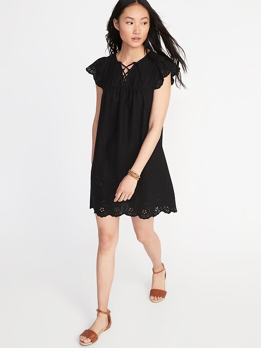 View large product image 1 of 2. Lace-Up-Yoke Cutwork Swing Dress for Women
