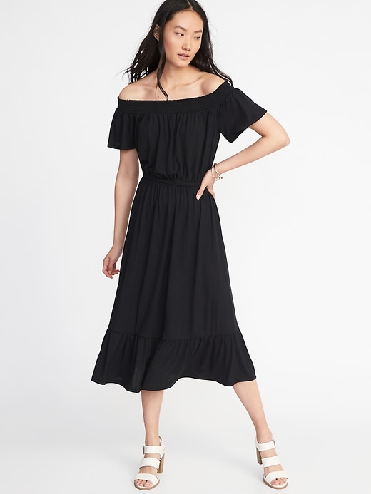 View large product image 1 of 2. Off-the-Shoulder Waist-Defined Midi Dress for Women
