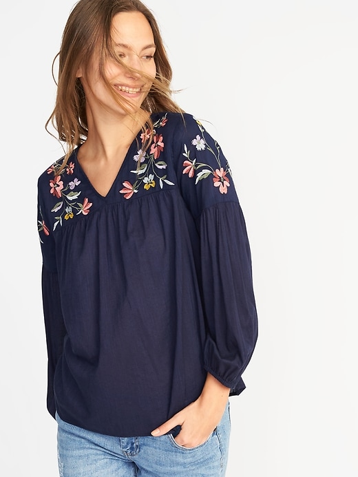 View large product image 1 of 1. Relaxed Floral-Embroidered Blouse for Women