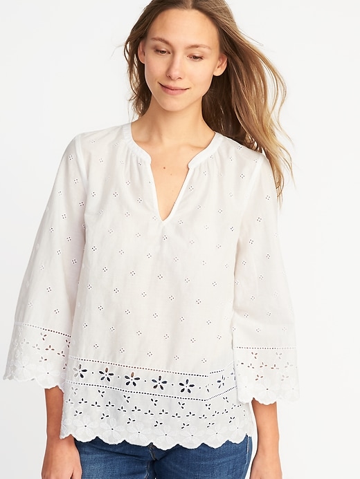 View large product image 1 of 1. Relaxed Bell-Sleeve Cutwork Blouse for Women