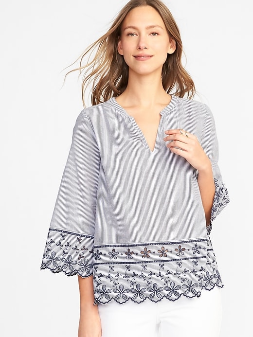 Image number 1 showing, Relaxed Bell-Sleeve Cutwork Blouse for Women