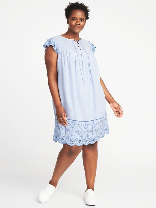 Image number 1 showing, Plus-Size Lace-Up-Yoke Linen-Blend Swing Dress