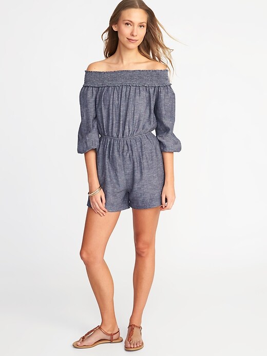 View large product image 1 of 2. Off-the-Shoulder Linen-Blend Romper for Women