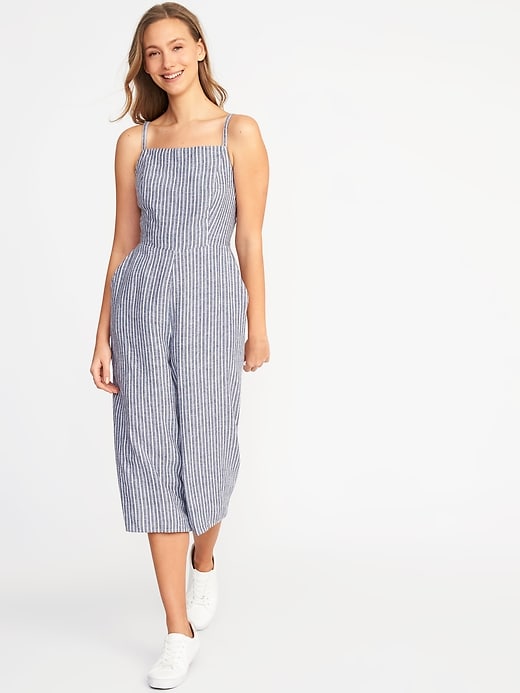 Image number 1 showing, Sleeveless Striped Linen-Blend Jumpsuit for Women