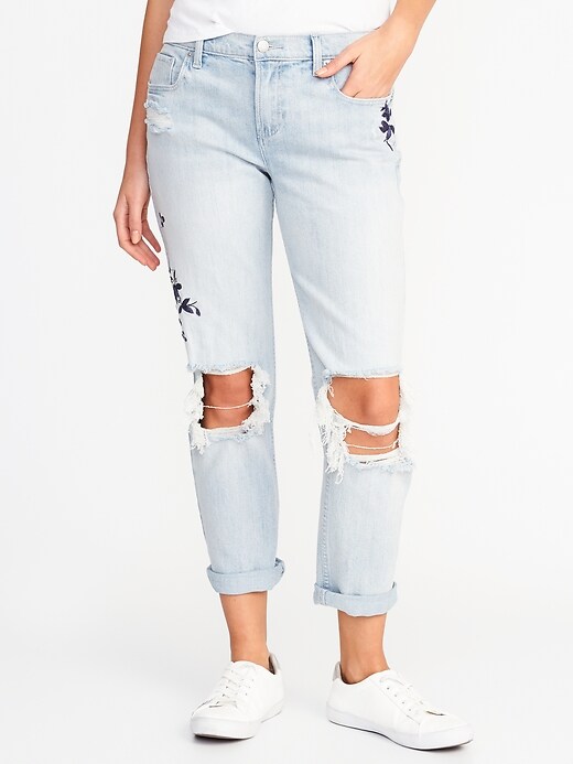 View large product image 1 of 3. Boyfriend Floral-Embroidered Straight Jeans for Women