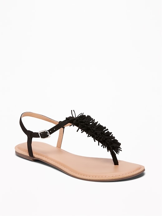View large product image 1 of 1. Sueded Fringe T-Strap Sandals for Women