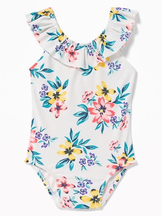 View large product image 1 of 1. Printed Ruffle-Neck Bow-Back Swimsuit for Toddler Girls