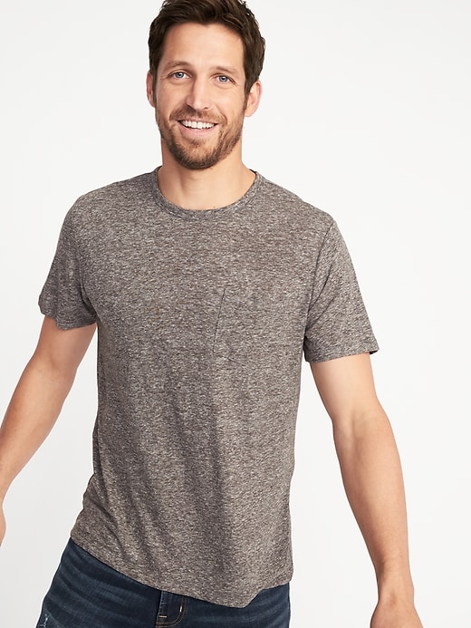 View large product image 1 of 1. Linen-Blend Crew-Neck Pocket Tee