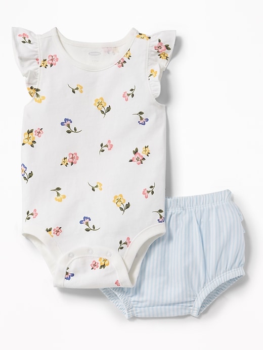 View large product image 1 of 2. Floral Bodysuit & Striped Bloomers Set For Baby