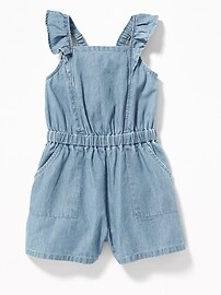View large product image 3 of 3. Ruffle-Trim Chambray Romper for Toddler Girls