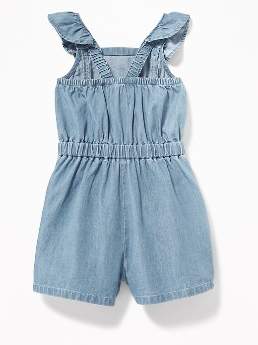 View large product image 2 of 3. Ruffle-Trim Chambray Romper for Toddler Girls