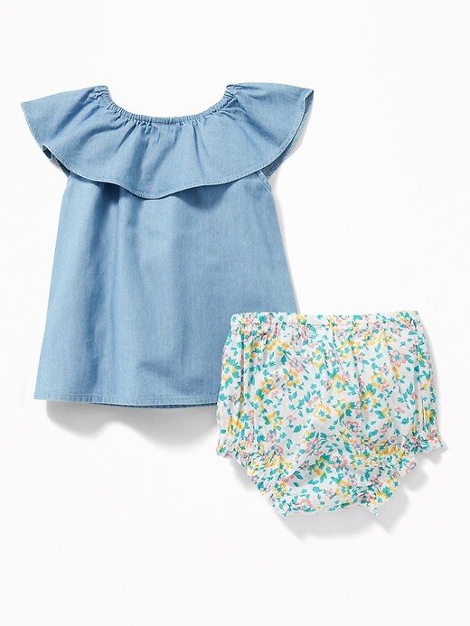 View large product image 2 of 2. Ruffled Chambray Top & Floral Bloomers Set For Baby