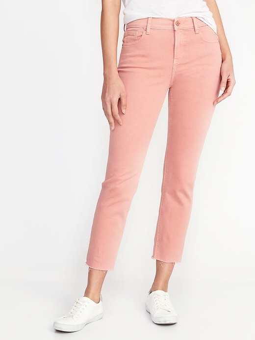 Image number 1 showing, Mid-Rise Pop-Color Raw-Hem Straight Ankle Jeans for Women