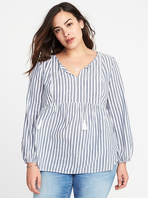Image number 1 showing, Plus-Size Striped Boho Tassel-Tie Top