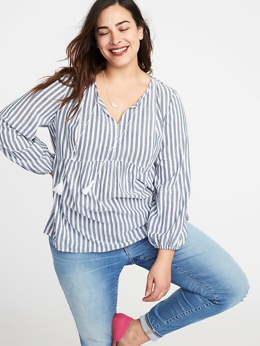 Image number 4 showing, Plus-Size Striped Boho Tassel-Tie Top