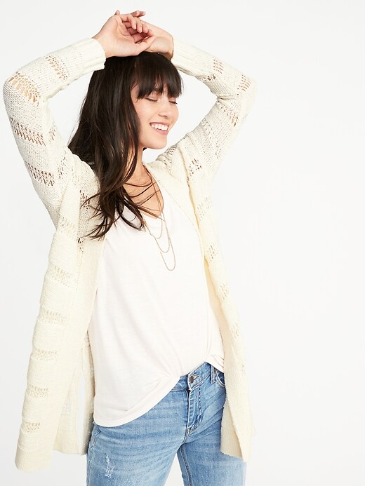Image number 4 showing, Open-Front Long-Line Pointelle Sweater for Women