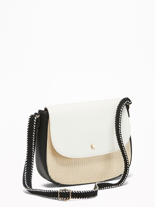 View large product image 1 of 3. Color-Blocked Straw/Faux-Leather Saddle Bag for Women