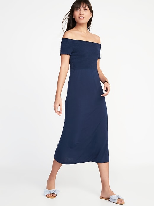 Image number 1 showing, Smocked Off-the-Shoulder Jersey Midi Dress for Women