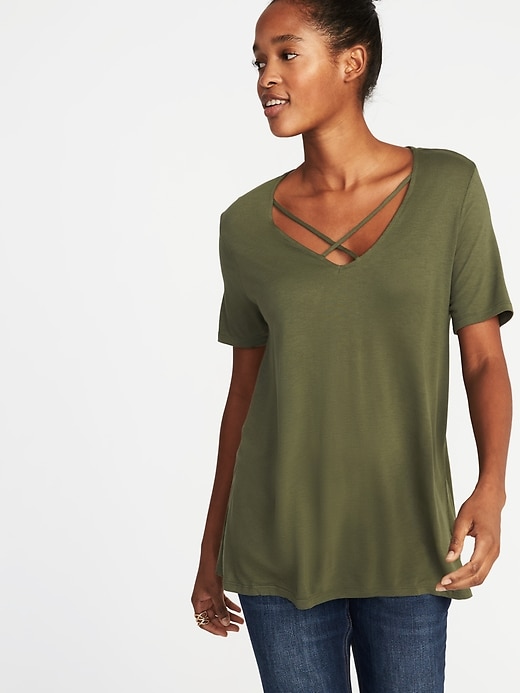 View large product image 1 of 1. Lace-Up-Yoke Swing Top for Women