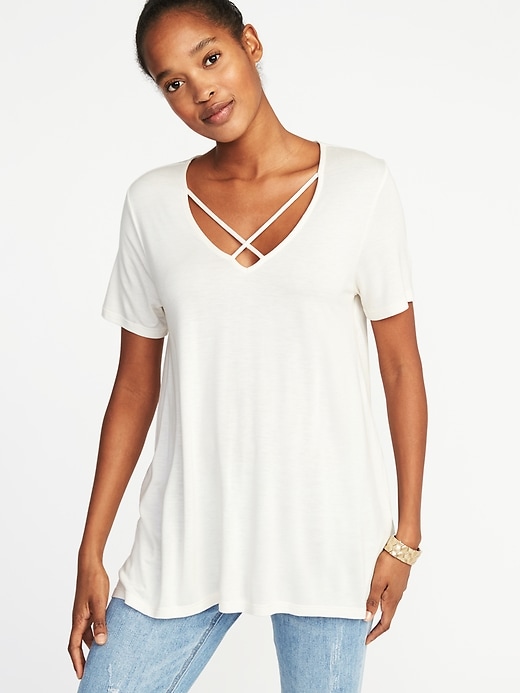 View large product image 1 of 1. Lace-Up-Yoke Swing Top for Women