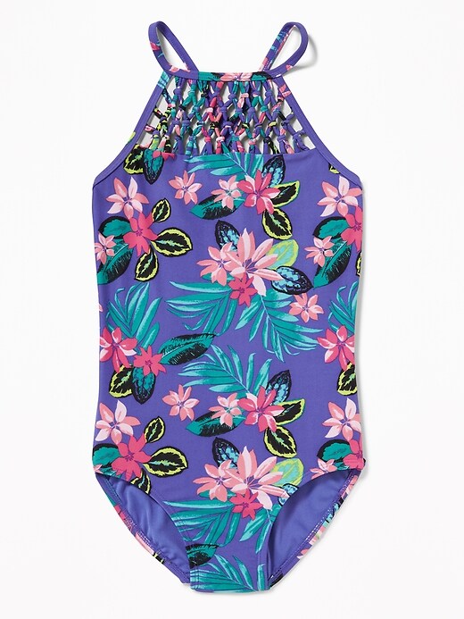 View large product image 1 of 1. Macrame-Yoke Swimsuit for Girls