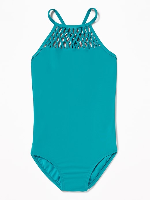 View large product image 1 of 2. Macrame-Yoke Swimsuit for Girls