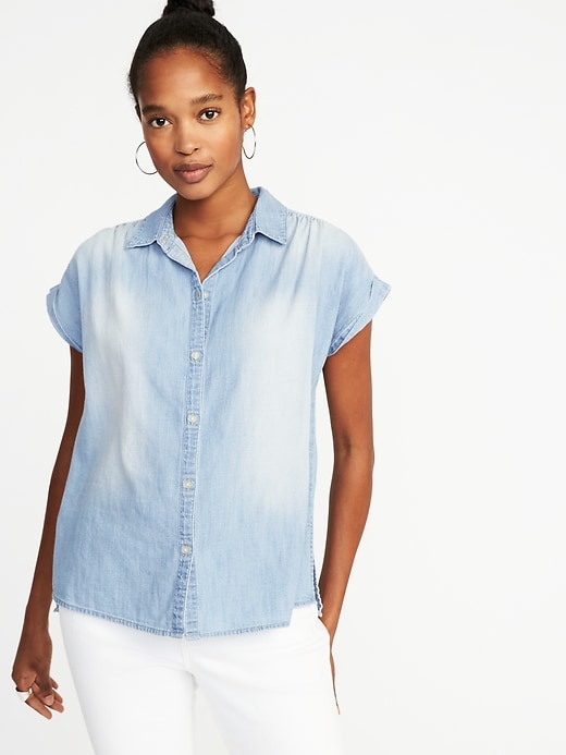 Image number 1 showing, Relaxed Button-Front Chambray Shirt for Women