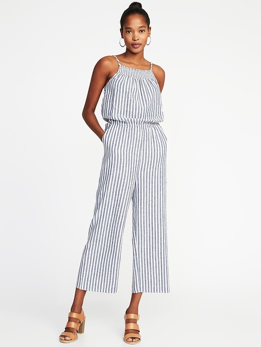 Image number 1 showing, Sleeveless Smocked-Neck Striped Jumpsuit for Women