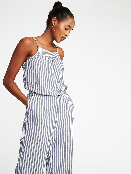 Image number 4 showing, Sleeveless Smocked-Neck Striped Jumpsuit for Women