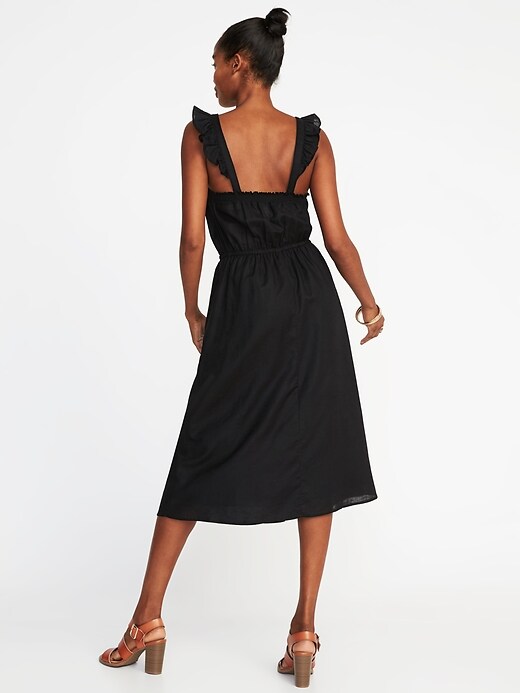 Image number 2 showing, Sleeveless Ruffle-Trim Linen-Blend Waist-Defined Dress for Women